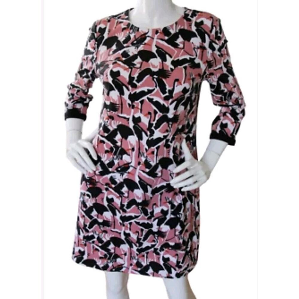 Ted Baker Crane Bird Print Sheath Dress Black Pink White Women 0 XS Long Sleeve